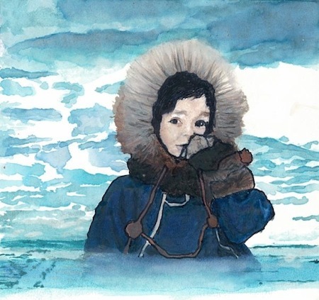Boy Wearing Fur Jacket Watercolor